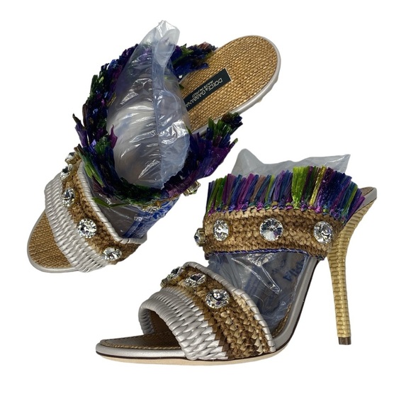 DOLCE & GABBANA‎ Keira Raffia Fringe & Crystal Embellished Sandal In Multi IT40 - Picture 3 of 9